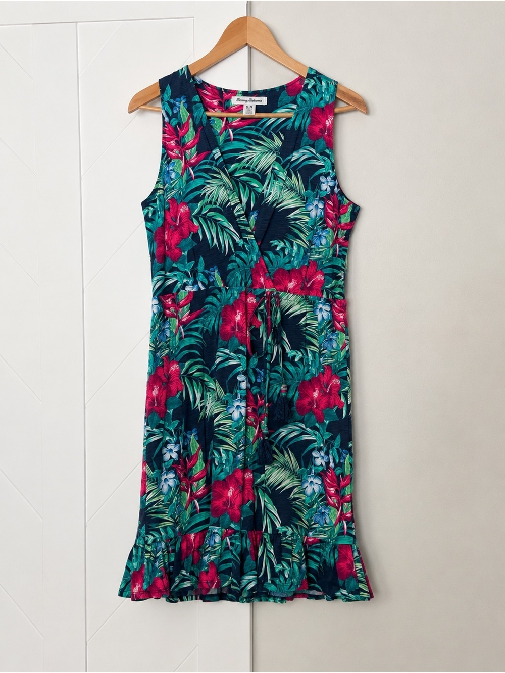 Tommy Bahama Tropical Floral Sleeveless Wrap Look Dress Tassel Tie Navy Medium
